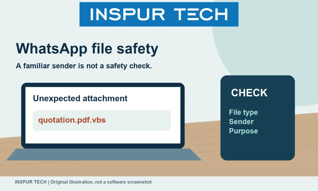 Original laptop illustration showing file type, sender and purpose checks for unexpected WhatsApp attachments.