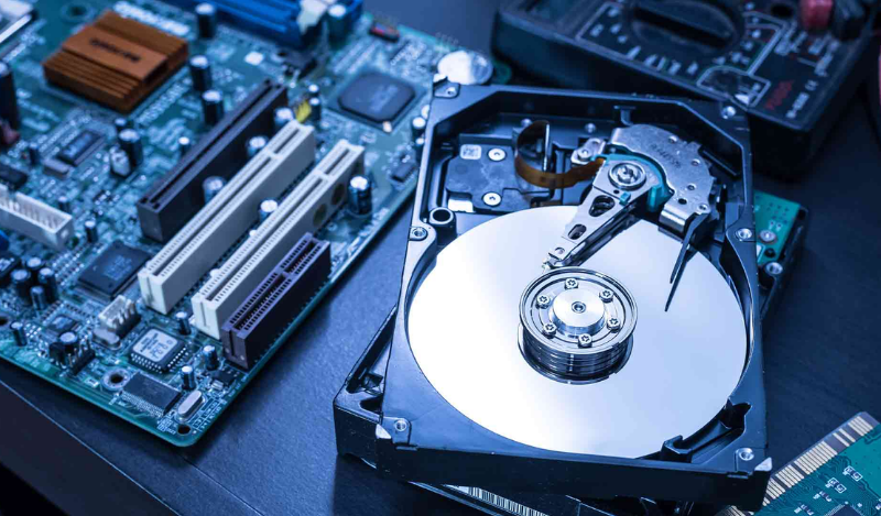 Hard disk and motherboard on the table